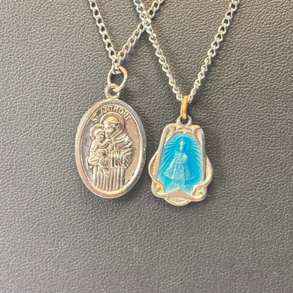 Vintage Religious Medal Necklace Set Silver Blue St Anthony Infant Jesus Prague